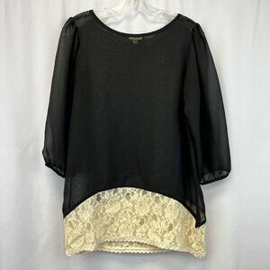 Lily White Womens Blouse Black 3/4 Sleeve Scoop Neck Sheer Lace USA M